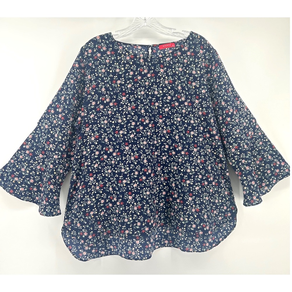Nicole Women XL Navy Blue Floral Bell Sleeve Blouse Keyhole Back High Low Hem